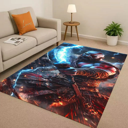 Game God of War Kratos Cartoon Gamer Living Room Non-Slip Area Rug Soft Carpet for Bedroom Playroom Sofa,Easy Clean Home Doormat