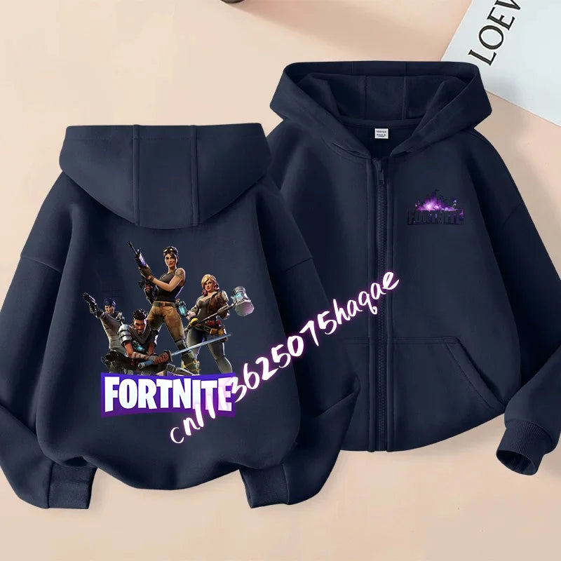 Casaco Outdoor Infantil Cartoon FORTNITED para Rapariga e Rapaz, Sweatshirt com Fecho, Corta-Vento Fino de Alta Qualidade para Outono, Peça Superior de Vestuário