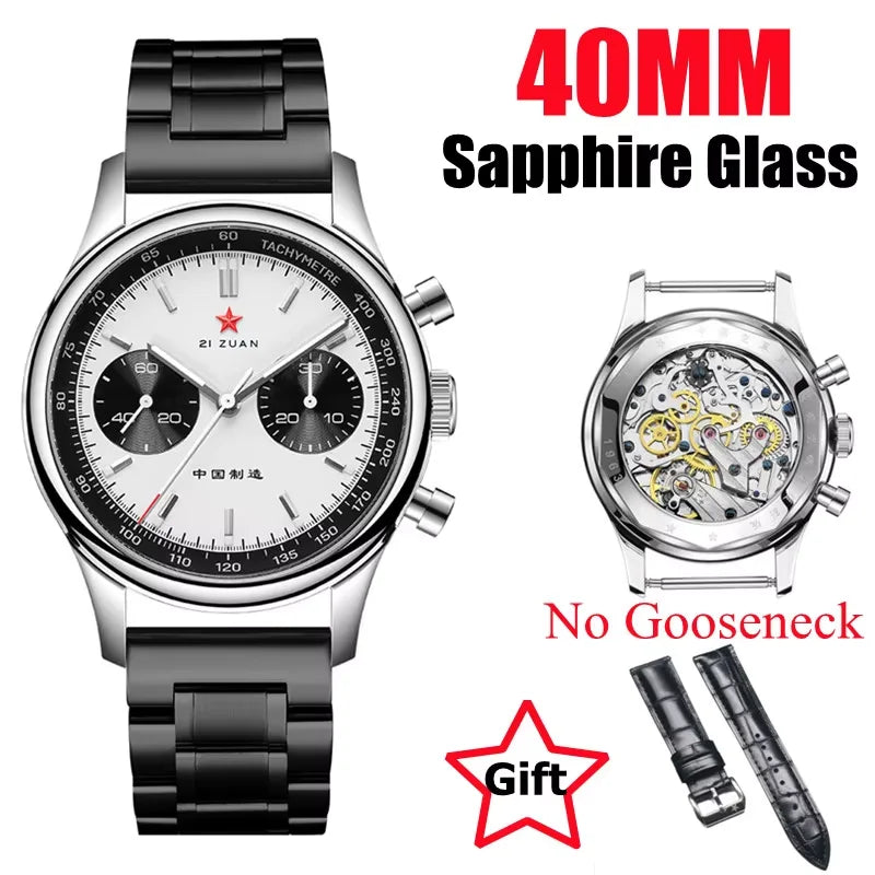 Red Star Panda Men's 1963 Chronograph Mechanical Wristwatch Seagull ST1901 Movement Gooseneck 40mm Luminous Sapphire Pilot Watch