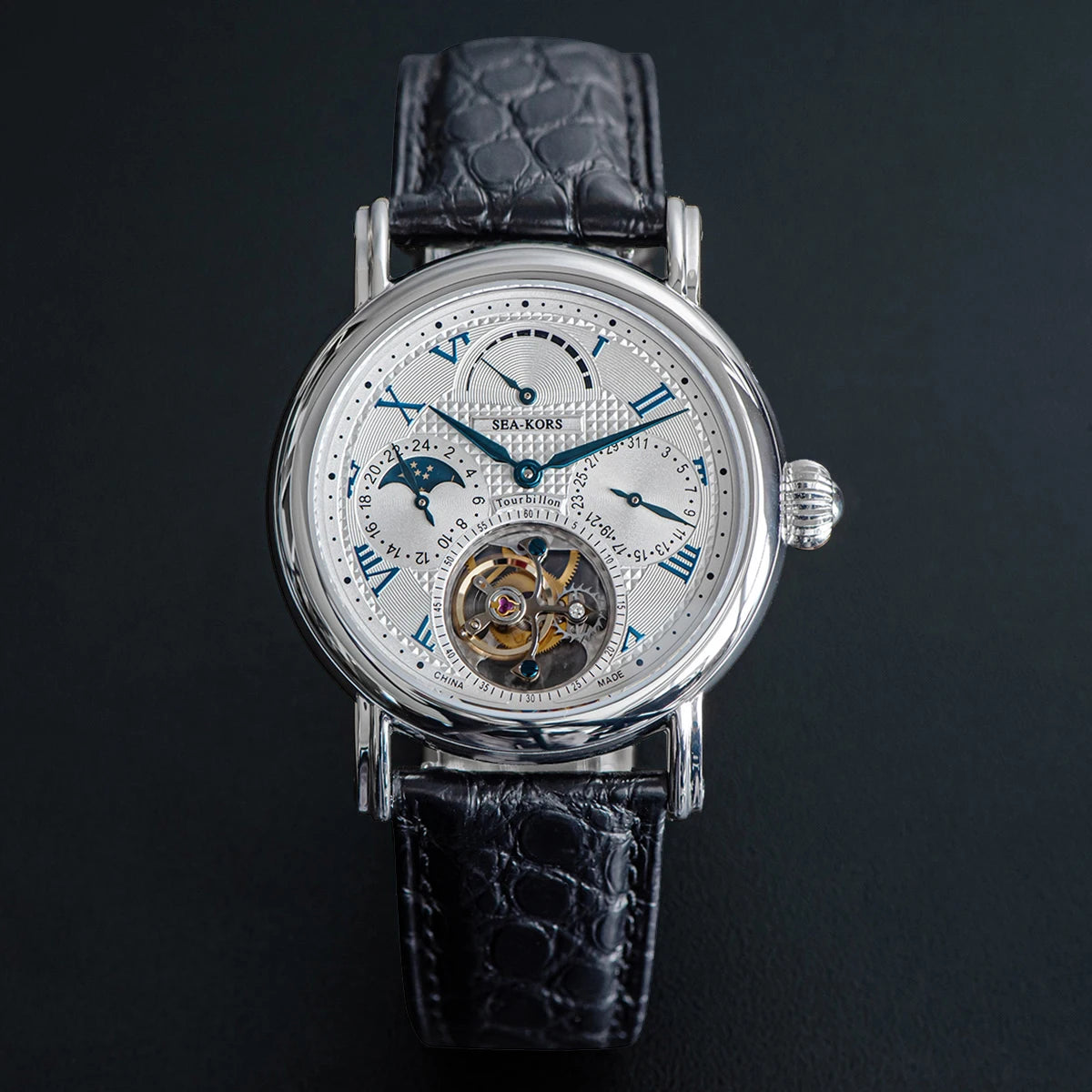 Sugess Seakors Men's Tourbillon Watch Original ST8007 Movement Skeleton Dial Moonphase Wristwatch 316L Case Sapphire