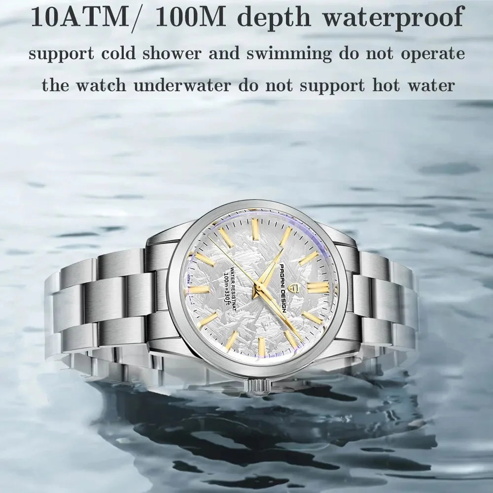 Relógio masculino PAGANI DESIGN 40MM com mostrador de meteorito, quartzo, luxo business, safira, aço inoxidável 316L, resistente à água 100M