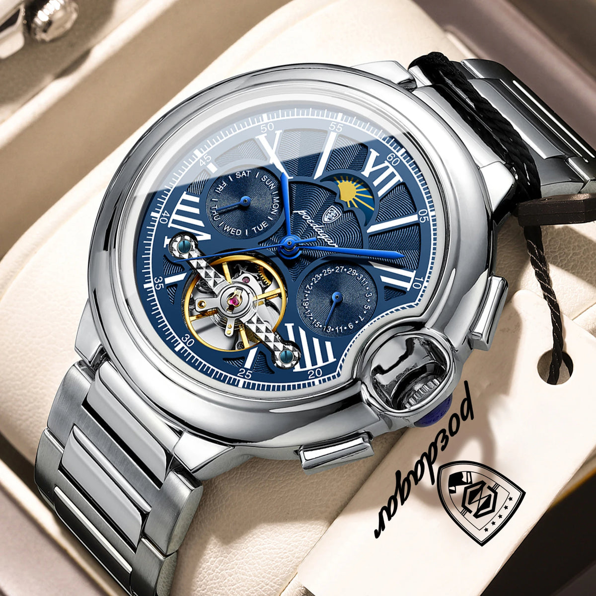 Montre de luxe pour homme POEDAGAR – Modèle automatique mécanique avec affichage de la date et du jour, bracelet en cuir, tourbillon, étanche, style élégant et professionnel.