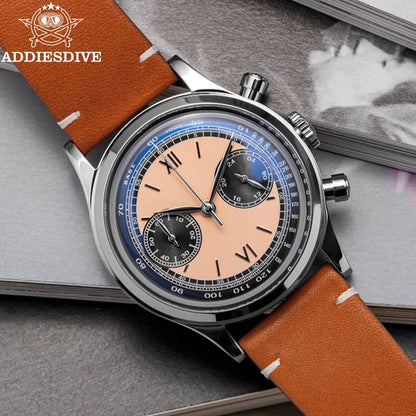 ADDIESDIVE AD2037 Men Quartz Watch Multifunctional 24 Hour Chronograph Black Dial Leather Watches 100m Dive Business Wristwatch