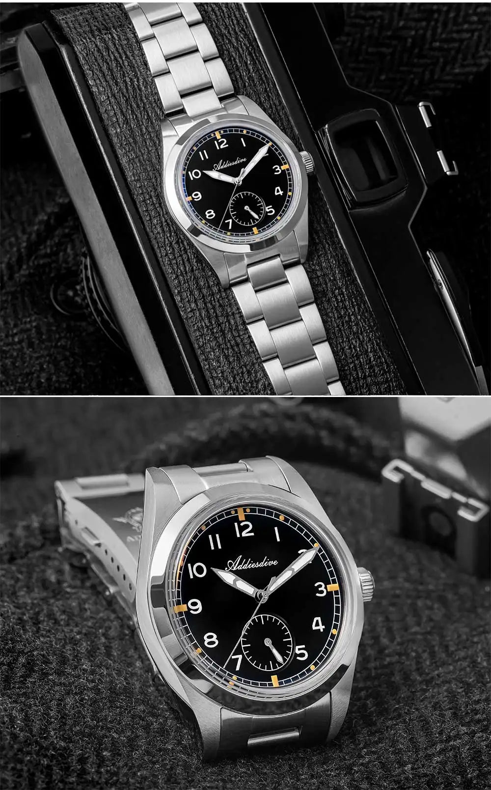 ADDIESDIVE 36mm Herren-Quarzuhr VH60 mit BGW9-Leuchtbeschichtung, Bubble-Mirror-Topfdeckelglas, 10Bar wasserdicht, Edelstahl-Uhr