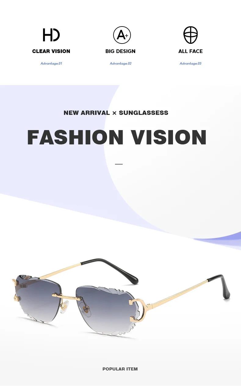 Retro Sunglasses Women Brand Designer Rimless Sun Glasses Fashion Shades Irregular Cutting Lens Ladies Frameless Eyeglasses