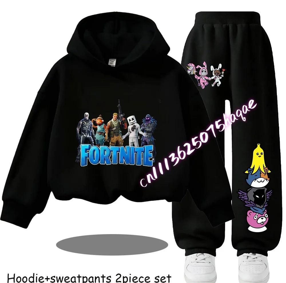 Fortnite Printed Children's Hoodies Cartoon Comfortable 2pcs Suit Loose Long Sleeve Tops with Pant Autumn Winter Clothes Gift