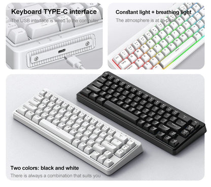 FREEWOLF M68SE Teclado Mini com Fio de 68 Teclas, Retroiluminação RGB, Type-C, Layout 68%, Compacto para Gaming, Escritório, PC e Portátil