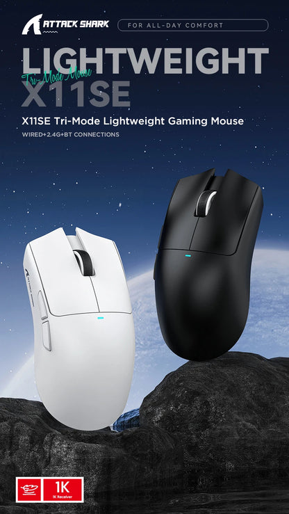 Ratón gaming inalámbrico ATTACK SHARK X11SE, trimodo, superligero de 63g con sensor PAW3311, 22000 DPI, batería de 300mAh, doble controlador