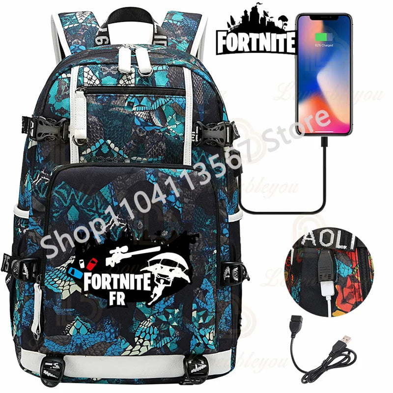 Ultima Knight F-Fortnited Battle Royale Rucksack mit USB-Ladeanschluss, Anime-Figuren und Studienfach für Schreibwaren für Schüler