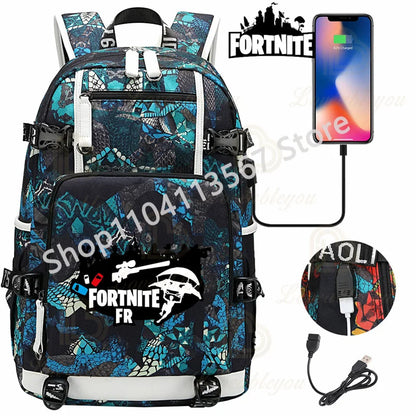 Ultima Knight F-Fortnited Battle Royale Rucksack mit USB-Ladeanschluss, Anime-Figuren und Studienfach für Schreibwaren für Schüler