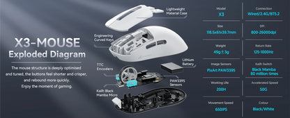 Rato Gaming Sem Fios Leve ATTACK SHARK X3, 49g, Tri-Mode, Sensor PAW3395 de 26K DPI, Autonomia de 200h, 5 Botões Programáveis