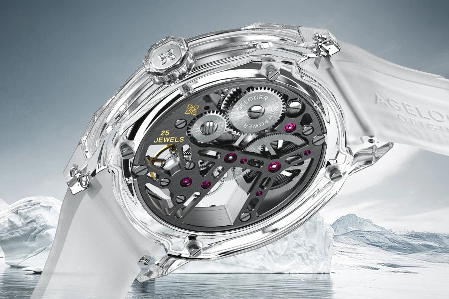 Orologio AGELOCER Limited Edition “Ice Never Melts” con tourbillon in cristallo a spirale libera, orologio meccanico manuale di lusso