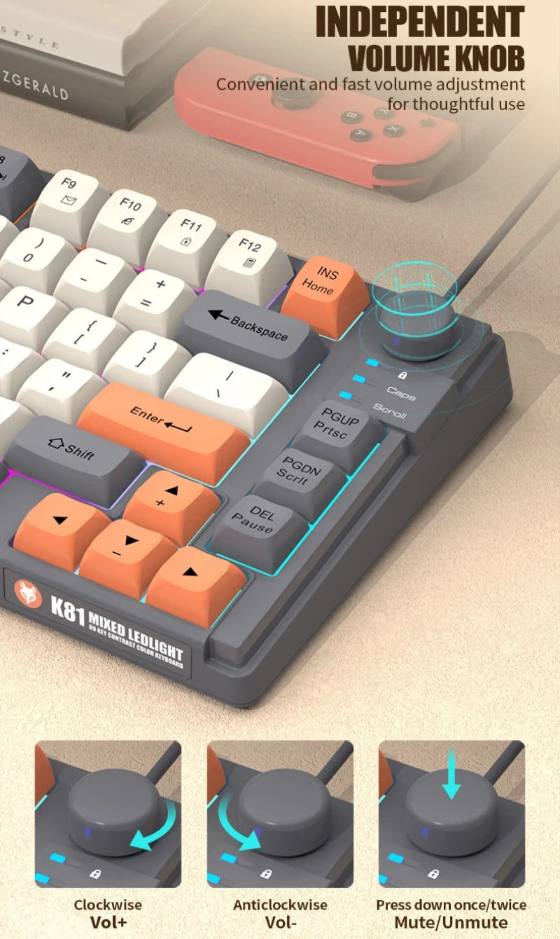 Teclado Gaming K81 com 81 Teclas, Layout 80%, Espanhol, Russo, Coreano e Árabe, USB com Fio, Luz RGB, Botão de Volume, Ergonómico