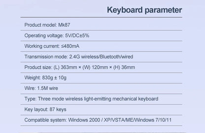 SMAILWOLF MK87 Bluetooth kabellose mechanische Tastatur, E-Sports-Gaming, Full-Key-Hot-Plug, Custom-Tastatur