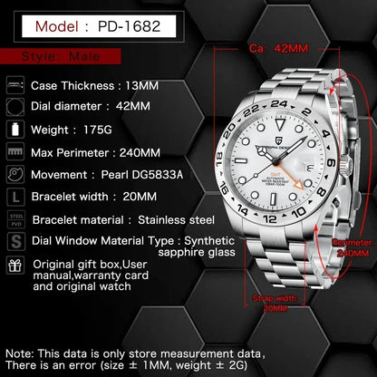 PAGANI DESIGN GMT Watch Automatic Mechanical Watch Stainless Steel Luxury Sapphire 100m Waterproof Clock Reloj Hombre PD1682
