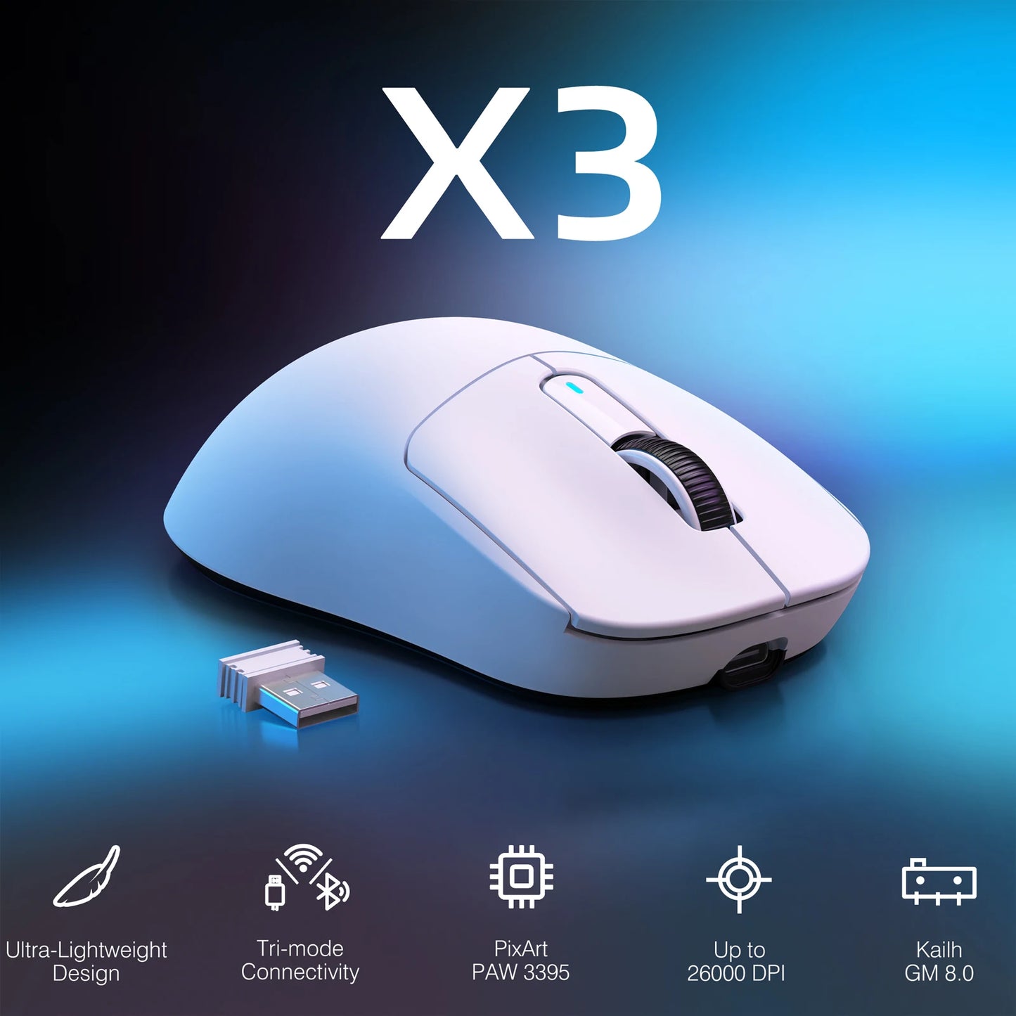 Rato Gaming Sem Fios ATTACK SHARK X3, Sensor PixArt PAW3395, 26K DPI, Ultraligeiro 49g, Tri-modo 2.4G/Bluetooth/Com Fio, para PC/MAC