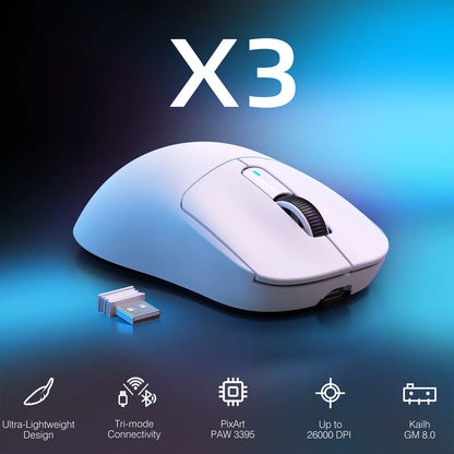 Rato Gaming Sem Fios ATTACK SHARK X3, Sensor PixArt PAW3395, 26K DPI, Ultraligeiro 49g, Tri-modo 2.4G/Bluetooth/Com Fio, para PC/MAC