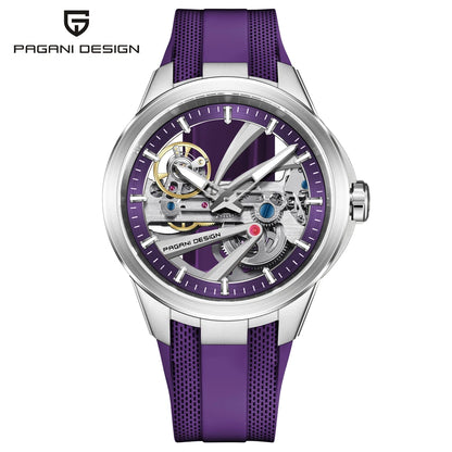 Zegarek męski PAGANI DESIGN – luksusowy model z mechanizmem automatycznym typu „skelet” (z widocznym mechanizmem), wyposażony w tourbillon, szkło szafirowe z powłoką antyrefleksyjną, wodoodporny i luminescencyjny.