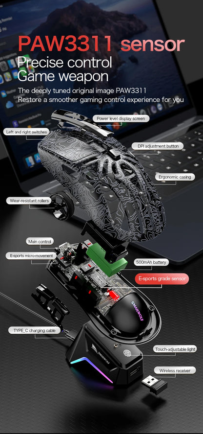 SMAILWOLF M8 Bluetooth Wireless Mouse, Three-Mode RGB Charging Base E-sports Gaming Mouse, PAW3311 Lightweight Gaming Office