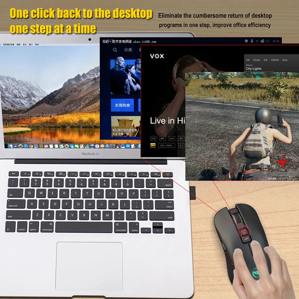 Ratón gaming inalámbrico USB-C 2.4G recargable, 3600DPI, 7 botones, Type-C, silencioso, para Macbook, portátil, PC y ordenador