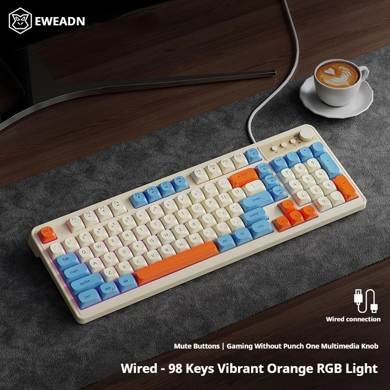 Teclado de escritório gaming EWEADN G98, membrana com retroiluminação arco-íris, USB com fio, externo e silencioso, teclado numérico, design digital