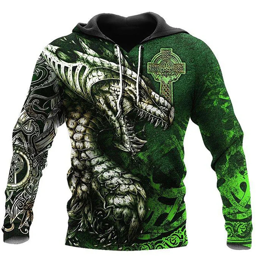 Sweatshirt com capuz para homem, unissexo, de manga comprida, outono/inverno, com estampado 3D de dragão e estilo tatuagem, pullover streetwear casual tipo fato de treino