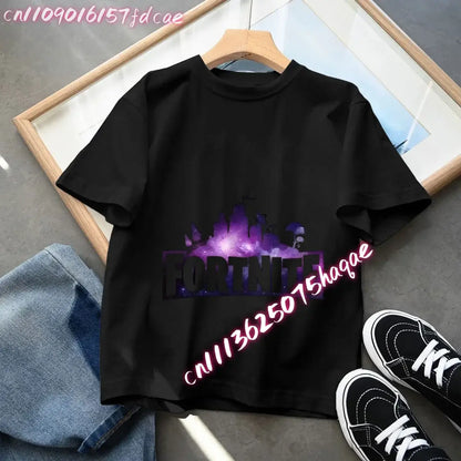 T-shirt preta em algodão para criança Fortnites Fortress Night, manga curta, estilo cartoon, para menino e menina, roupa de verão kawaii, top para oferta