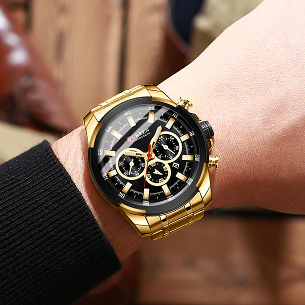 CURREN férfi kronográf óra, 48 mm-es nagy számlap, rozsdamentes acél karkötő, három kis számlap, kvarc sportkaróra, luxus stílus