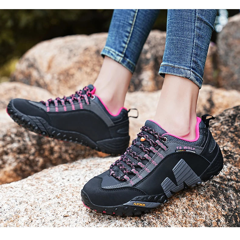 Sapatos de montanhismo para homem em couro genuíno, calçado desportivo outdoor antiderrapante, sapatos de montanhismo e caminhada respiráveis para turismo