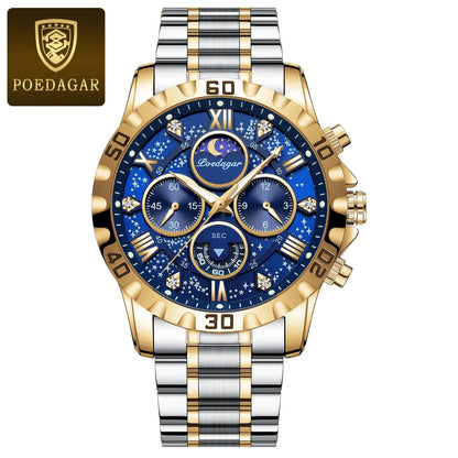 Pánské hodinky POEDAGAR – luxusní chronograf, vodotěsné a luminiscenční, z nerezové oceli, ve sportovním a vojenském stylu, s quartzovým strojkem
