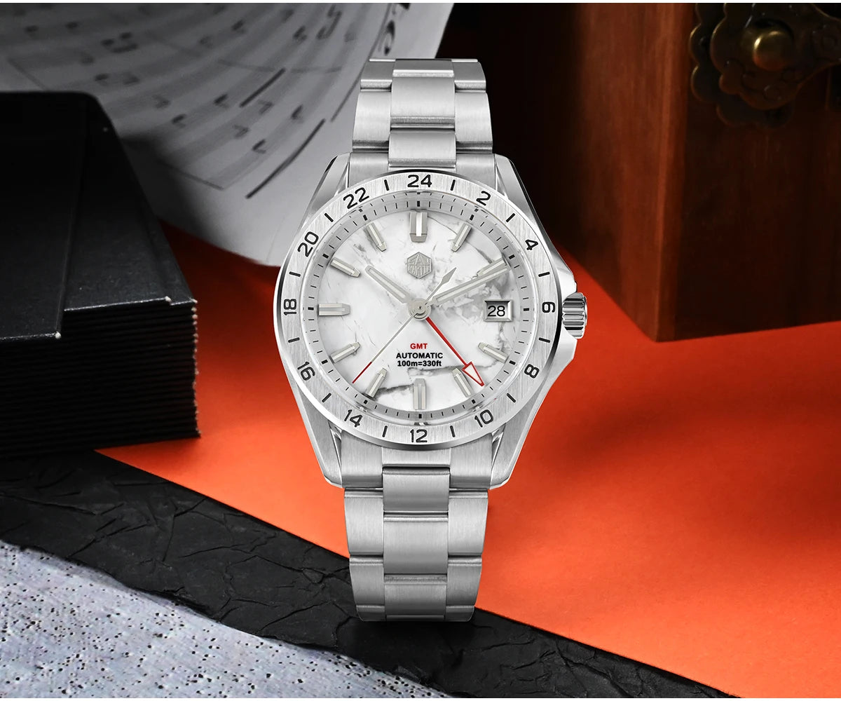 Relógio de Luxo para Homem San Martin 39mm com Mostrador em Pedra Aventurina, NH34 GMT Automático Mecânico, Safira, Impermeável e Luminescente SN0129