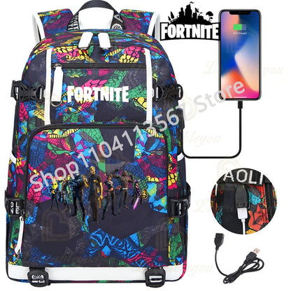 Ultima Knight F-Fortnited Battle Royale Rucksack mit USB-Ladeanschluss, Anime-Figuren und Studienfach für Schreibwaren für Schüler