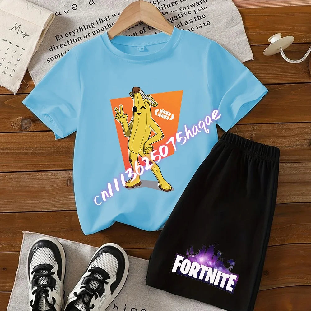 Conjunto de T-shirt e calções Fortnite Series para criança, top e calças inspirados em jogo popular, outfit de verão para casa, confortável e adorável, presente de aniversário