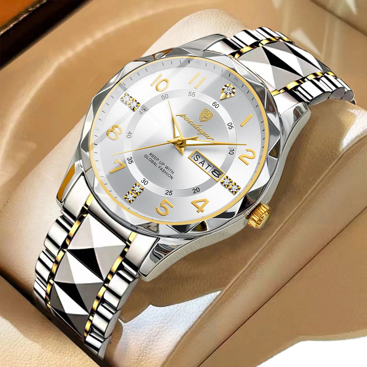 POEDAGAR Fashion Luxury herreur, vandtæt, selvlysende, kvartsur, armbånd i rustfrit stål, dato og ugedag, afslappet stil.