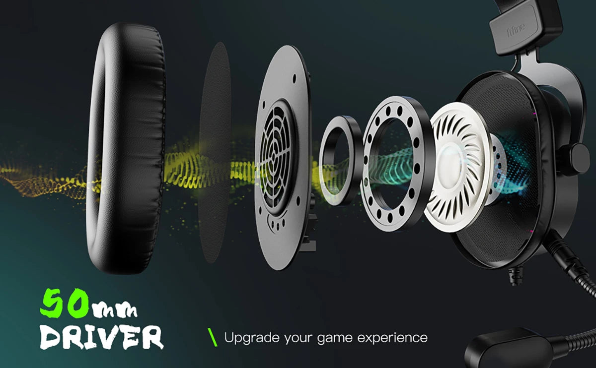 Auscultadores Gaming RGB Dinâmicos Fifine com Microfone Over-Ear, Som Surround 7.1, PC, PS4, PS5, 3 Opções de EQ para Jogo, Filme e Música - H6