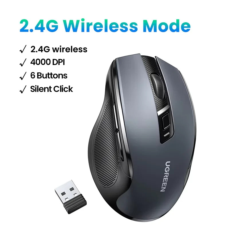 Ratón inalámbrico UGREEN Bluetooth 5.0 ergonómico 4000DPI con 6 botones silenciosos para MacBook, tabletas, portátiles, ordenador PC y conexión 2.4G