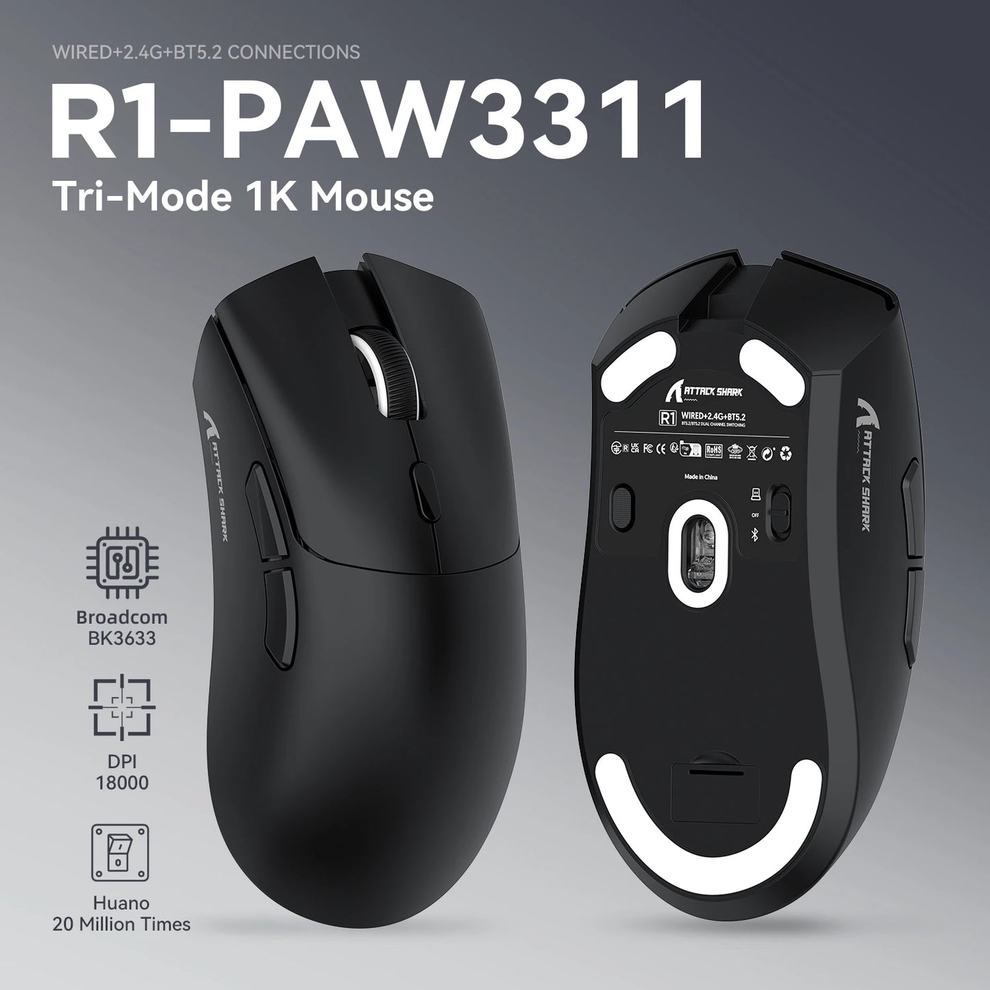 ATTACK SHARK R1 Tri-Mode-Gaming-Maus, PixArt PAW3311 Sensor, 18000 DPI, 1000hz, 59g ultraleicht für große Hände, für PC/Mac