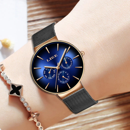 Montre pour femme LIGE, élégante et tendance – Style sport-décontracté, bracelet en maille, mouvement à quartz, affichage de la date et du jour, étanche.