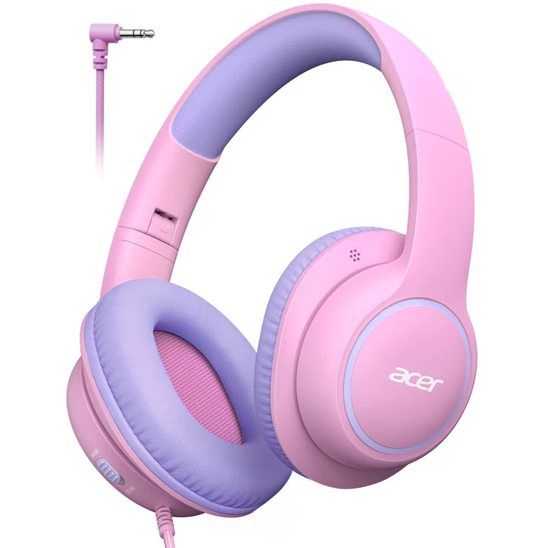 Casque filaire Acer pour enfants, idéal pour l'école, circum-auriculaire, limite de volume sécurisée 85/94 dB, prise jack 3,5 mm, casque pliable pour tout-petits garçons et filles