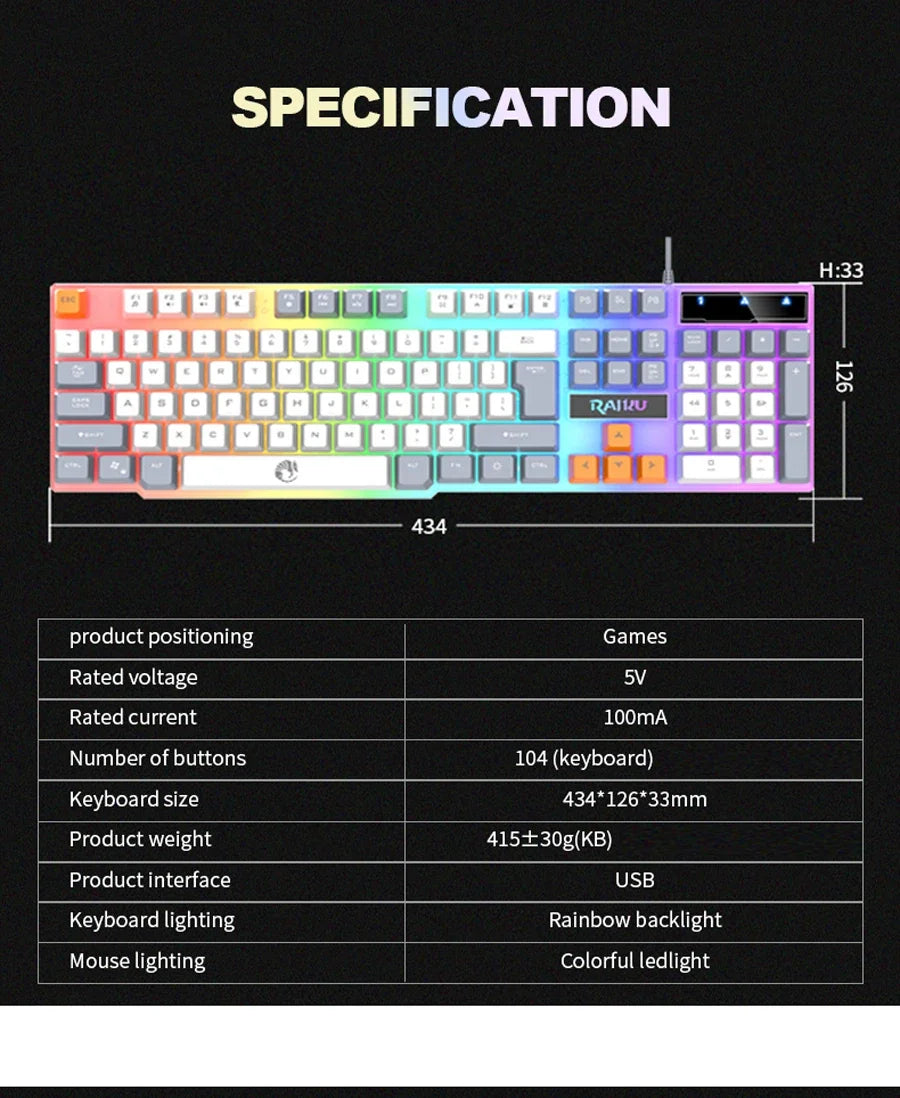 Teclado individual e conjunto teclado + rato RAIKU T26 de três tons com iluminação, teclado e rato com fios, toque mecânico, conjunto gaming