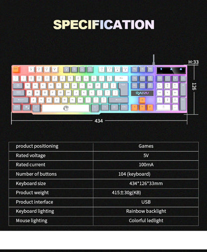 Teclado individual e conjunto teclado + rato RAIKU T26 de três tons com iluminação, teclado e rato com fios, toque mecânico, conjunto gaming
