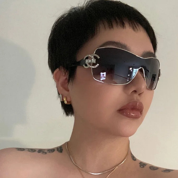 Luxury Rhinestone Punk Oversized One - Piece Frame Y2K Women's Sunglasses Trendy Brand Summer Men Sunglass Travel  Eyewear UV400
