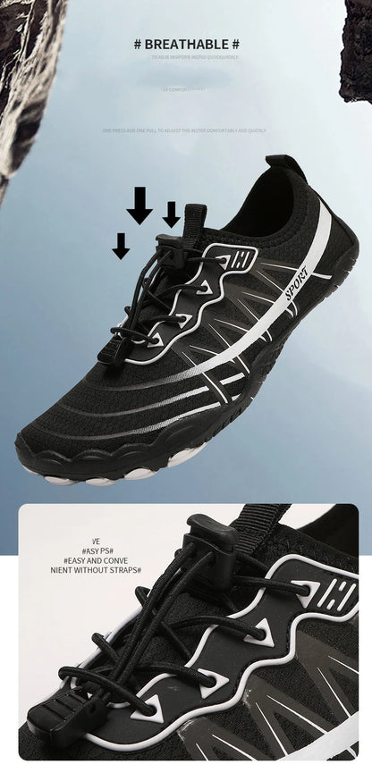 Novos sapatos aquáticos 2025 barefoot para praia e desporto, sapatos de natação antiderrapantes de alta qualidade, sapatos desportivos casuais de cinco dedos unissexo