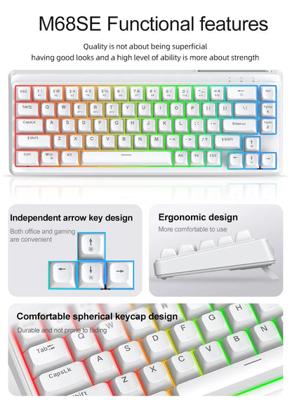 FREEWOLF M68SE Teclado Mini com Fio de 68 Teclas, Retroiluminação RGB, Type-C, Layout 68%, Compacto para Gaming, Escritório, PC e Portátil