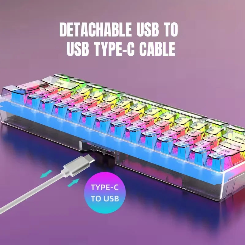 61-key fully transparent wired gaming keyboard with RGB backlight, ergonomic design, portable and ultra-compact 60% mini film keyboard