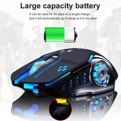 Rato Gaming Mecha Sem Fios Bluetooth 2.4G USB Recarregável Silencioso com Retroiluminação — Rato Ergonómico para Escritório e Acessórios de Jogo