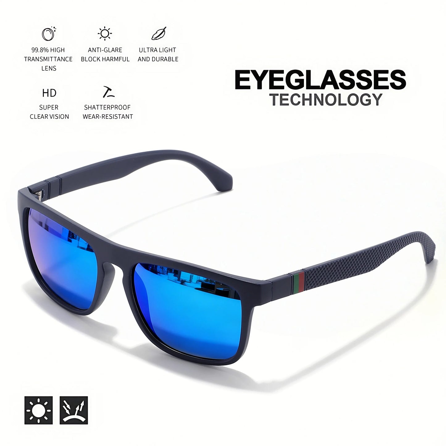 3PCS Classic Retro Polarized Square Sunglasses - Red/Green Stripe Temples, UV400 Unisex for Daily, Outdoor, Fishing & Driving