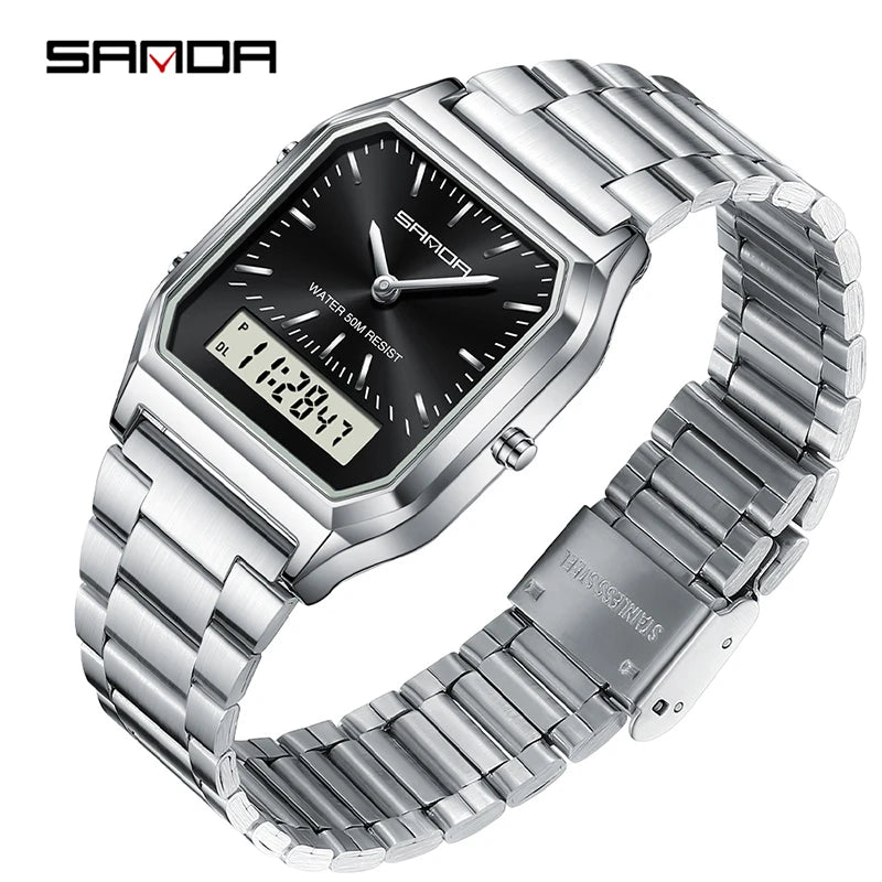SANDA 747 Men’s & Women’s Luxury Digital Sports Watch  Stainless Steel, LED Dual Display & Waterproof