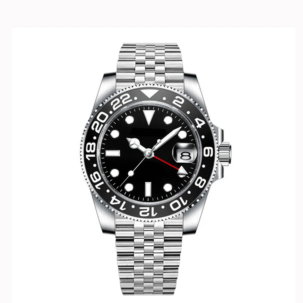 40MM Custom Logo New Men Quart Wristwatch Jubilee Stainless Quartz GMT Watch Sapphire Glass Men Watches Waterproof Luminous