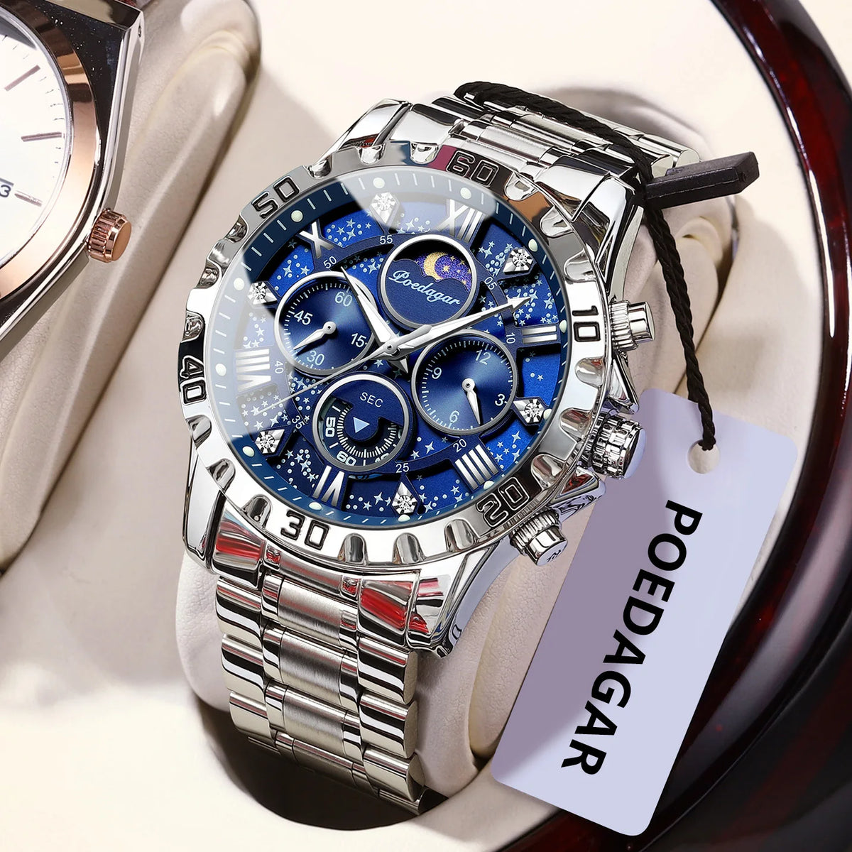 Montre homme de luxe POEDAGAR, étanche, lumineuse, en acier inoxydable, à quartz, chronographe, style militaire.